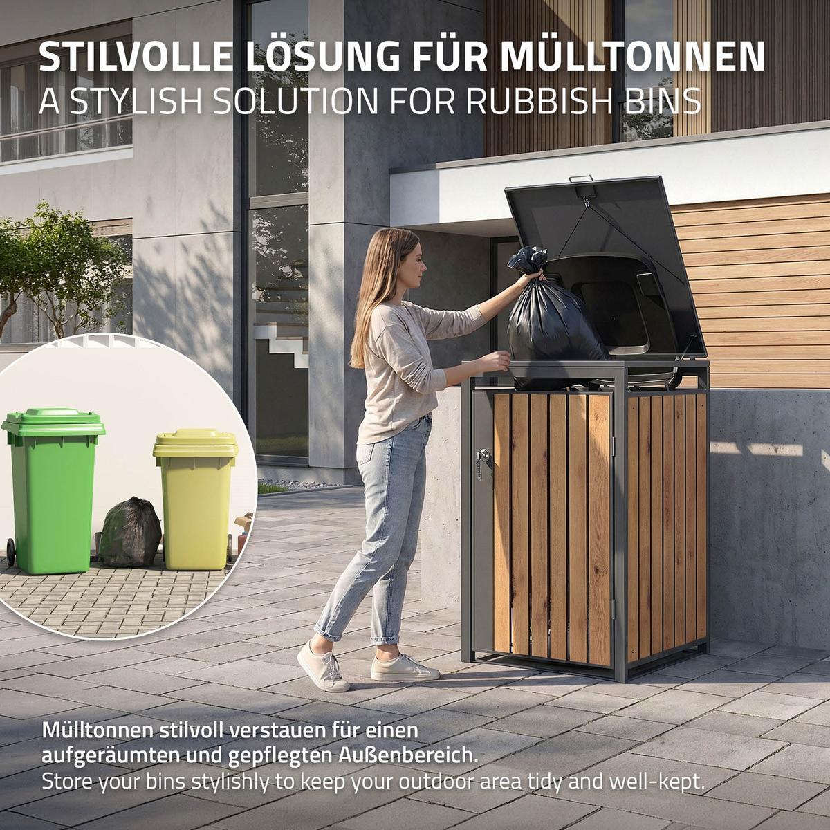 MÜLLTONNENBOX 1er Anthrazit-Holzoptik - Dunkelbraun, Metall (68/120/80cm) - ML-DESIGN