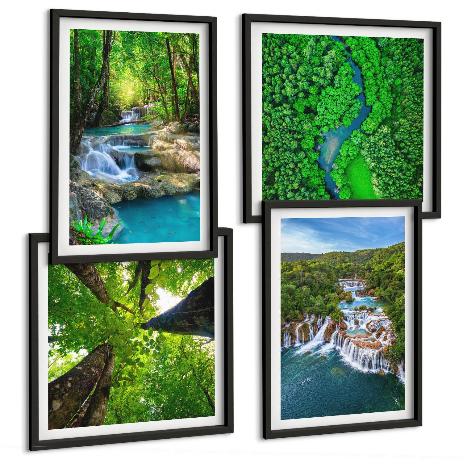 BILDER SET 4er Set - 50x50 cm & 40x60 cm Schwarzer Rahmen - Wasserfälle grüner Wald Wasser - Schwarz, Kunststoff (50/50cm) - TULUP