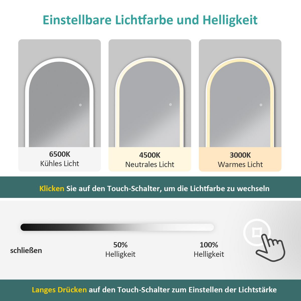STANDSPIEGEL mit Beleuchtung und Rahmen weiß 147/45 cm - Weiß, Glas/Metall (45/147/147cm) - EMKE