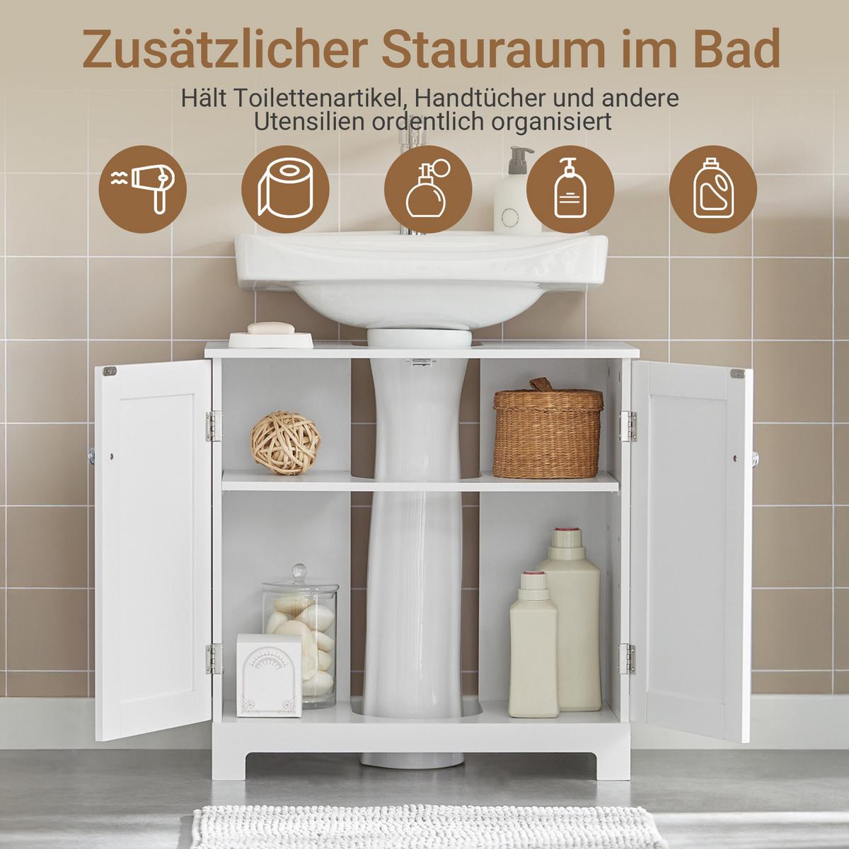 WASCHBECKEN-UNTERSCHRANK für Säulenwaschbecken, 60x60x29 cm, weiß, U-Aussparung, verstellbarer Boden, ohne Becken - Weiß, Holzwerkstoff (60/60/30cm) - SoBuy
