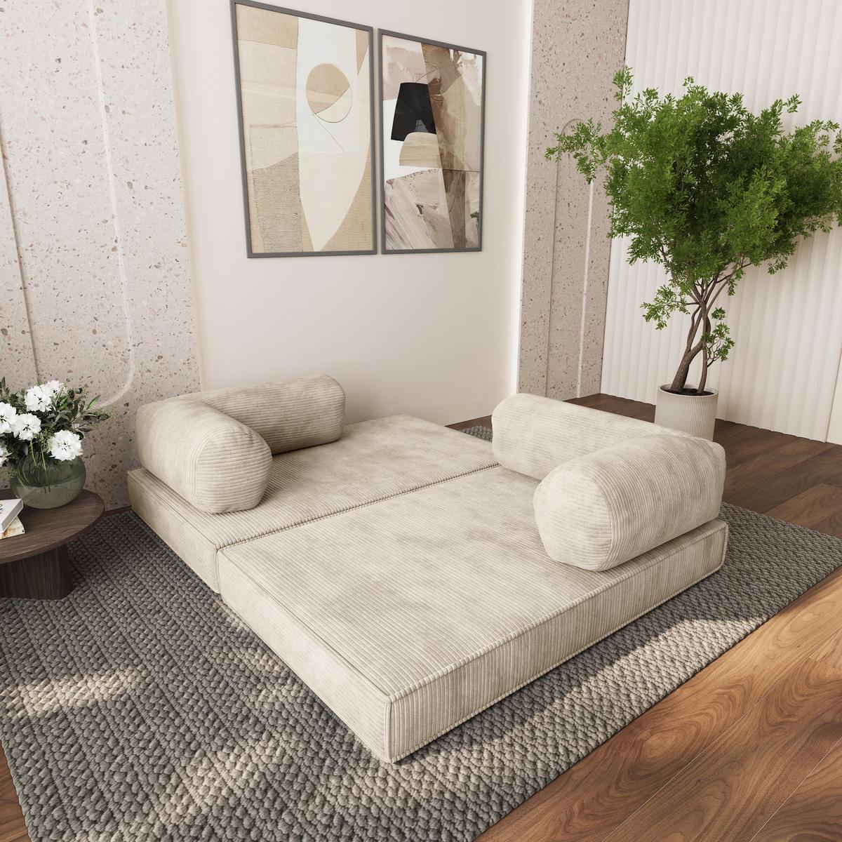 ECKSOFA ETERA modulares Boneless Sofa mit Schlaffunktion Creme Cordstoff - Creme, Textil (270/160cm) - MASSENO