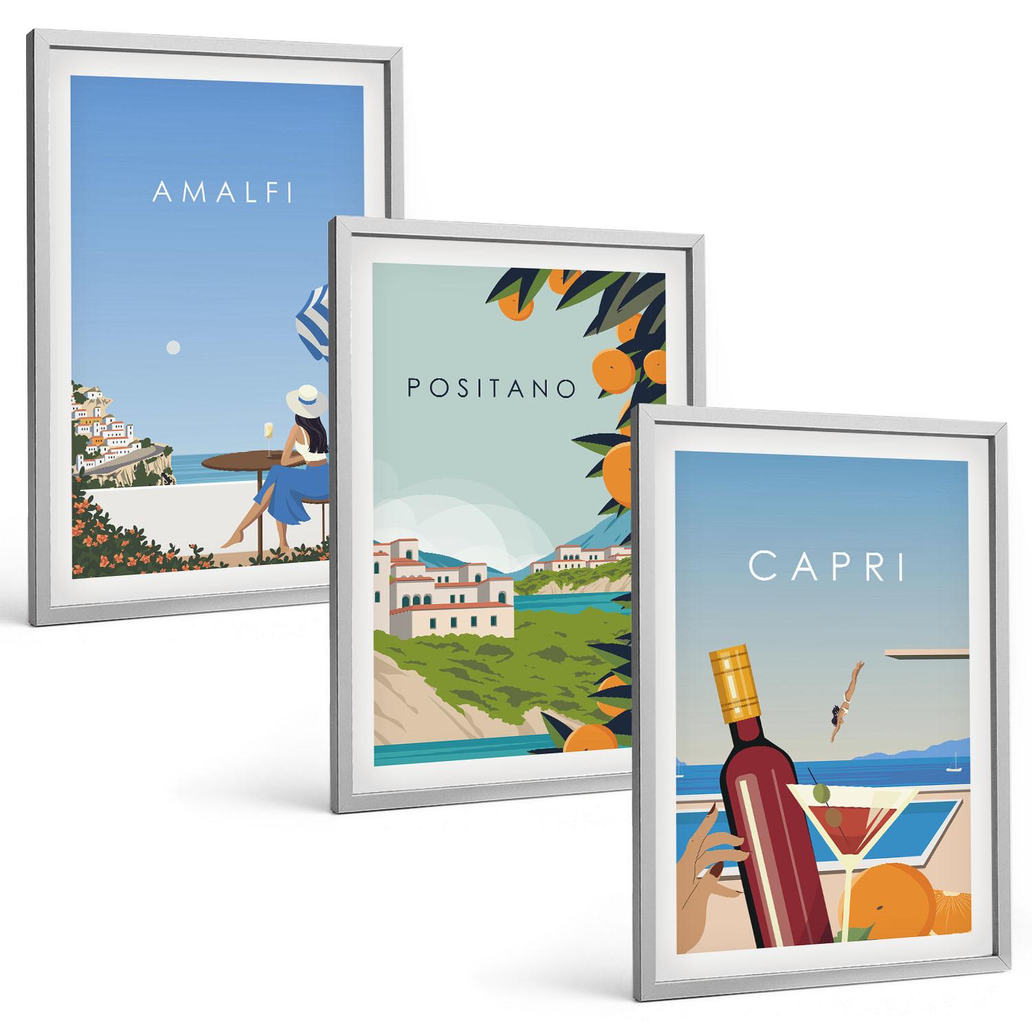 BILDER SET 3er Set - 40x60 cm Silberner Rahmen - Amalfi, Positano und Capri - Silberfarben, Kunststoff (40/60cm) - TULUP