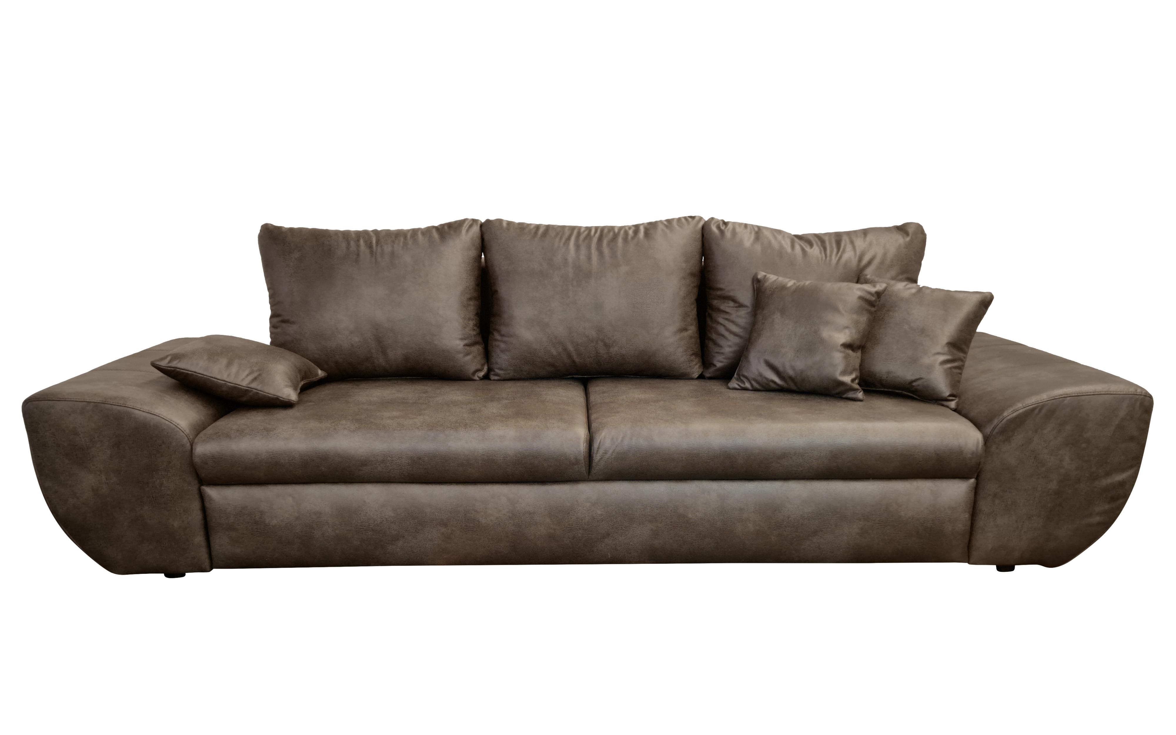 BIG-SOFA mit Schlaffunktion, Bettkasten, Wellenunterfederung B275/T98/H90 cm, Liegefläche 148x194 cm, Mikrofaser Leder-Optik Vintage Braun / 18008 - Dunkelbraun/Schwarz, Kunststoff/Textil (275/90/98cm) - luma-home