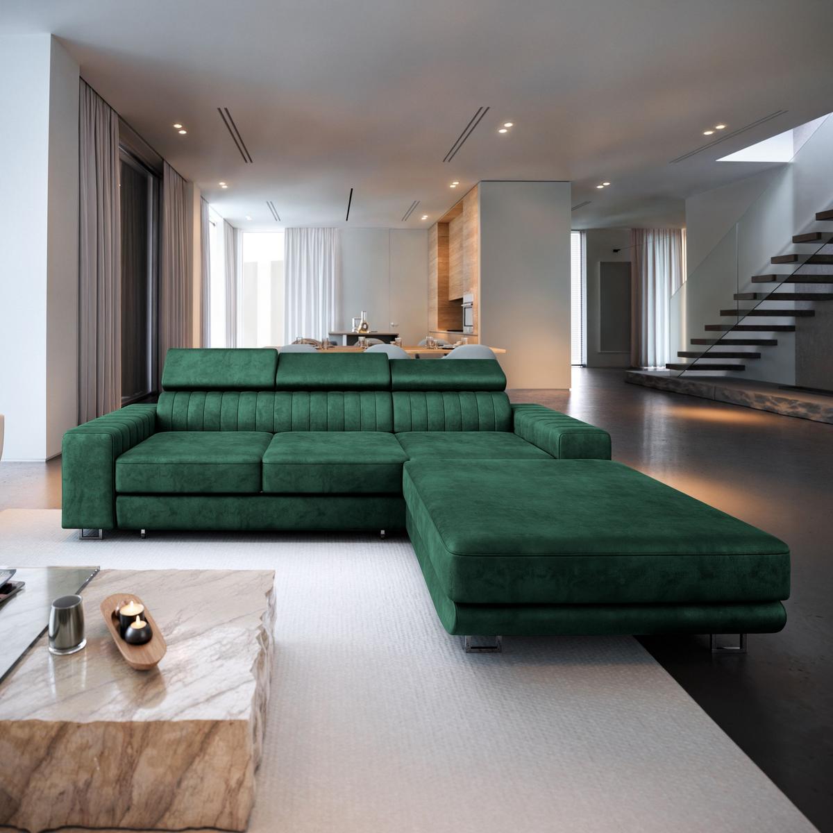 ECKSOFA NOTO R-S Grün Velours-Stoff mit Schlaffunktion - Silberfarben/Grün, Holz/Textil (267/190cm) - MASSENO