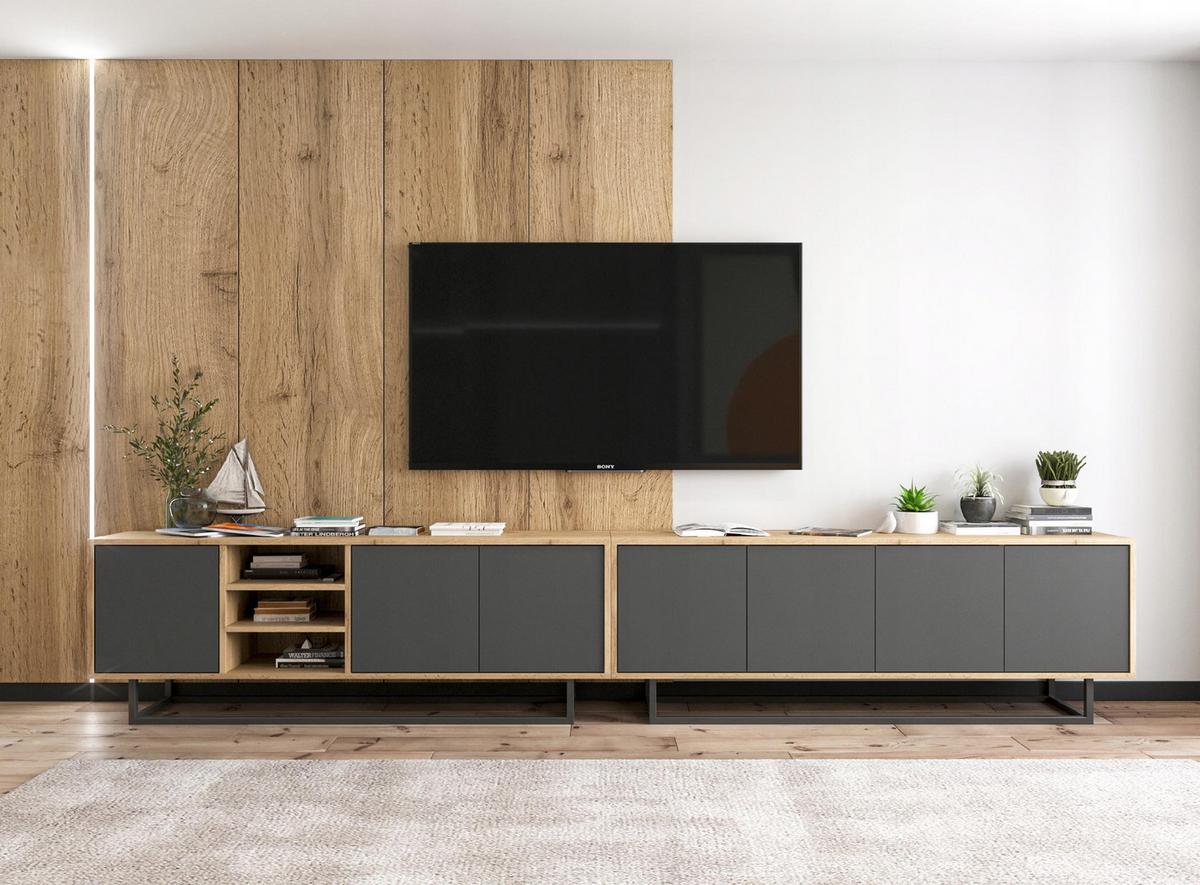 TV-LOWBOARD Apollo Eiche wotan Graphit Matt 150/53/35 cm - Graphitfarben/Schwarz, Holzwerkstoff/Metall (150/53/35cm) - Meble Lindner
