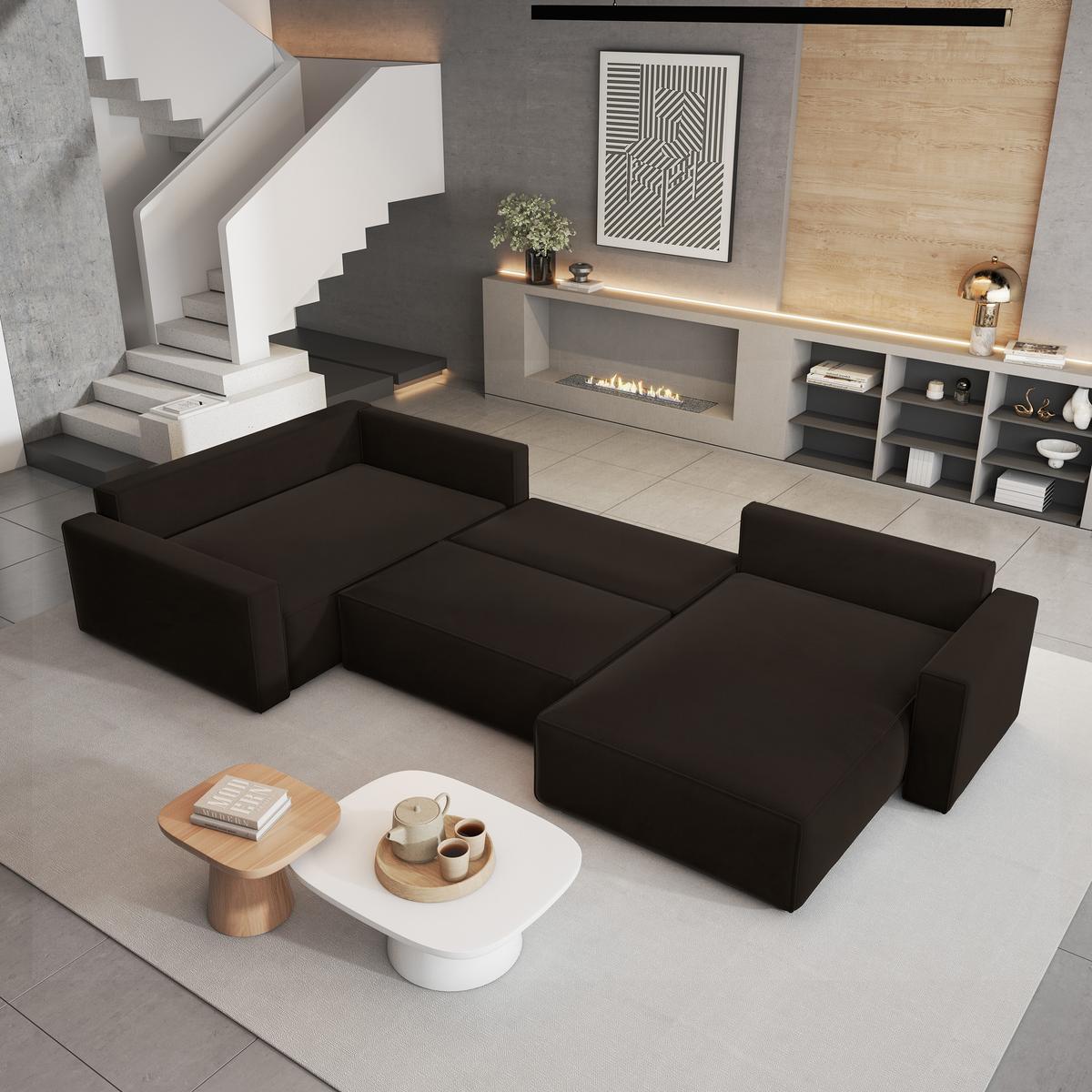 WOHNLANDSCHAFT VELAMI L-S Braun Velours-Stoff mit Schlaffunktion - Braun, Holz (365/83/194cm) - MASSENO