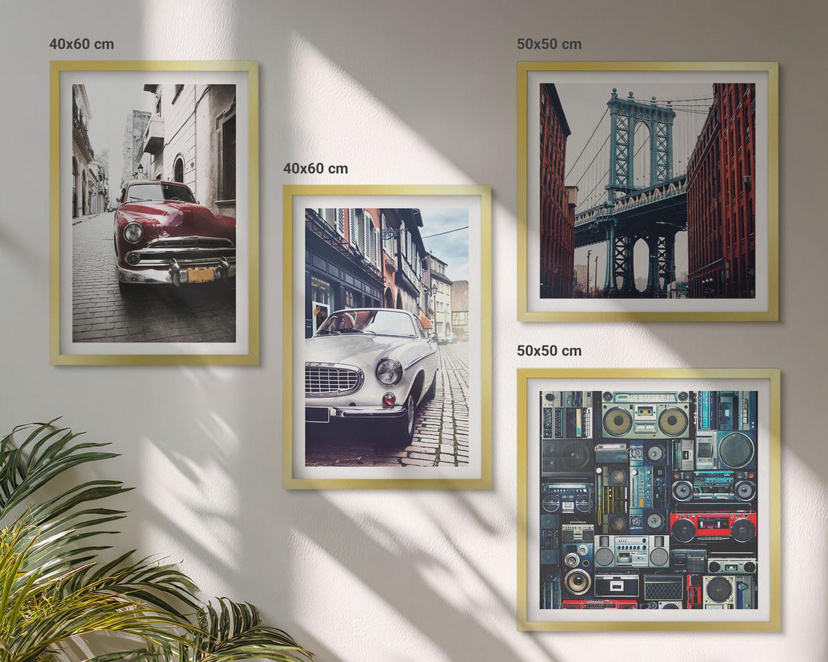 BILDER SET 4er Set - 50x50 cm & 40x60 cm Goldrahmen - Old Cars Brooklyn Retro-Audio - Goldfarben, Kunststoff (50/50cm) - TULUP