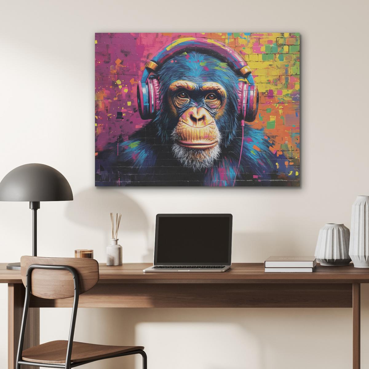 AKUSTIKBILD Graffiti - Schimpanse - Straßenkunst - Kopfhörer - Affe Gemälde 80x60 cm - Blau, Kunststoff (80/60/0.9cm) - MuchoWow