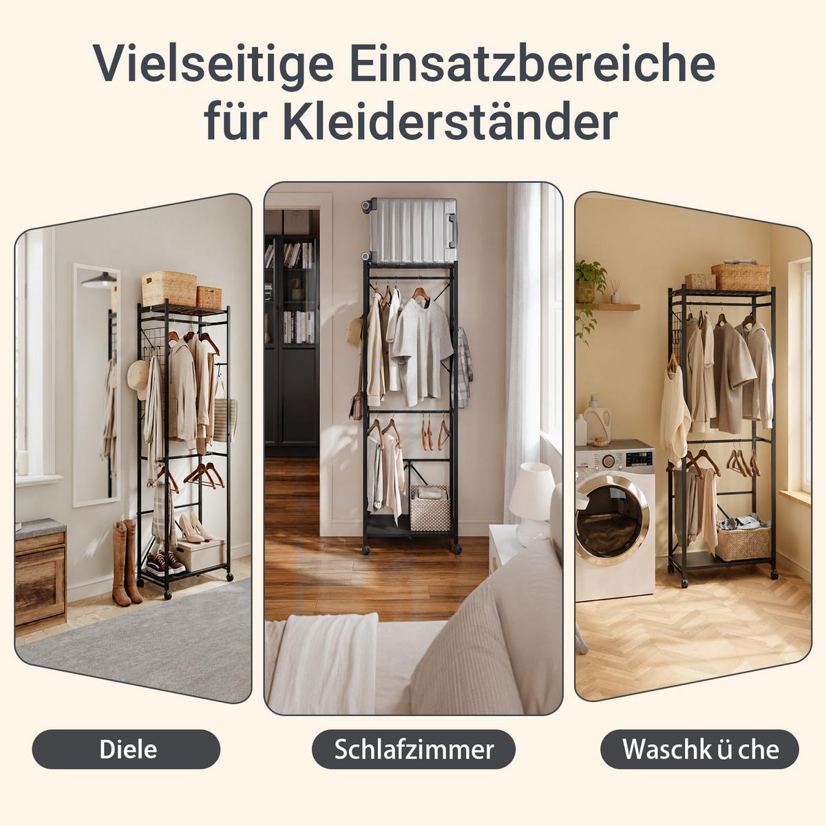 KLEIDERSTÄNDER Schmal mit Rollen, Klappbar Schwarz 60,5x32,5x175cm - Schwarz, Metall (60/175/32cm) - SoBuy