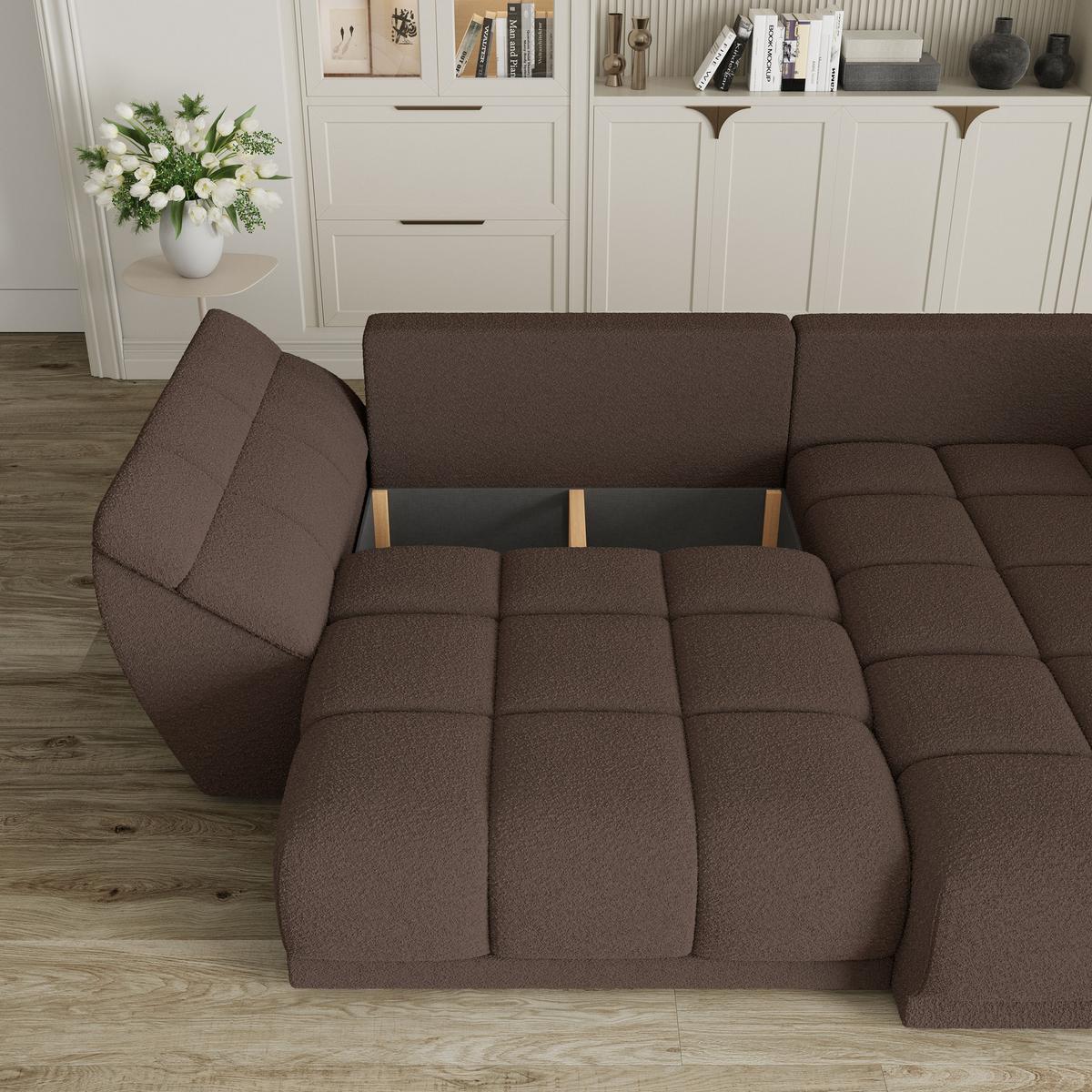 ECKSOFA ORENTI R-S Braun Boucle-Stoff mit Schlaffunktion - Braun, Holz (287/182cm) - MASSENO