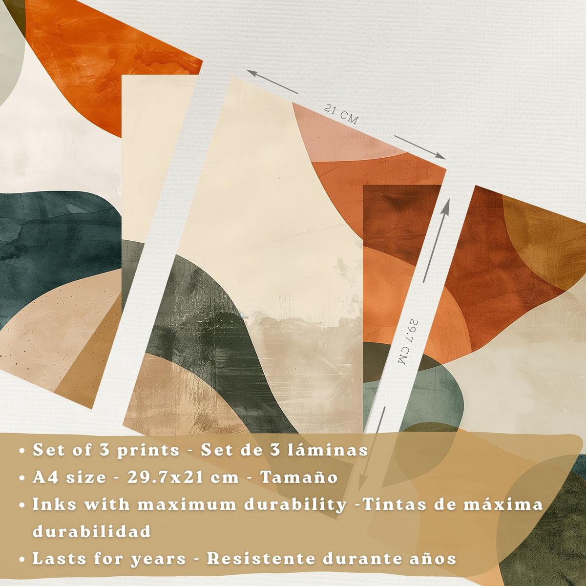 POSTER Set of 3 Abstract Shape Wall Art Prints Modern Brown Green Orange Decor for Living Room Bedroom Kitchen Bathroom Leichter Holzrahmen A4 - Beige, Papier (29.7/1/21cm) - Nacnic