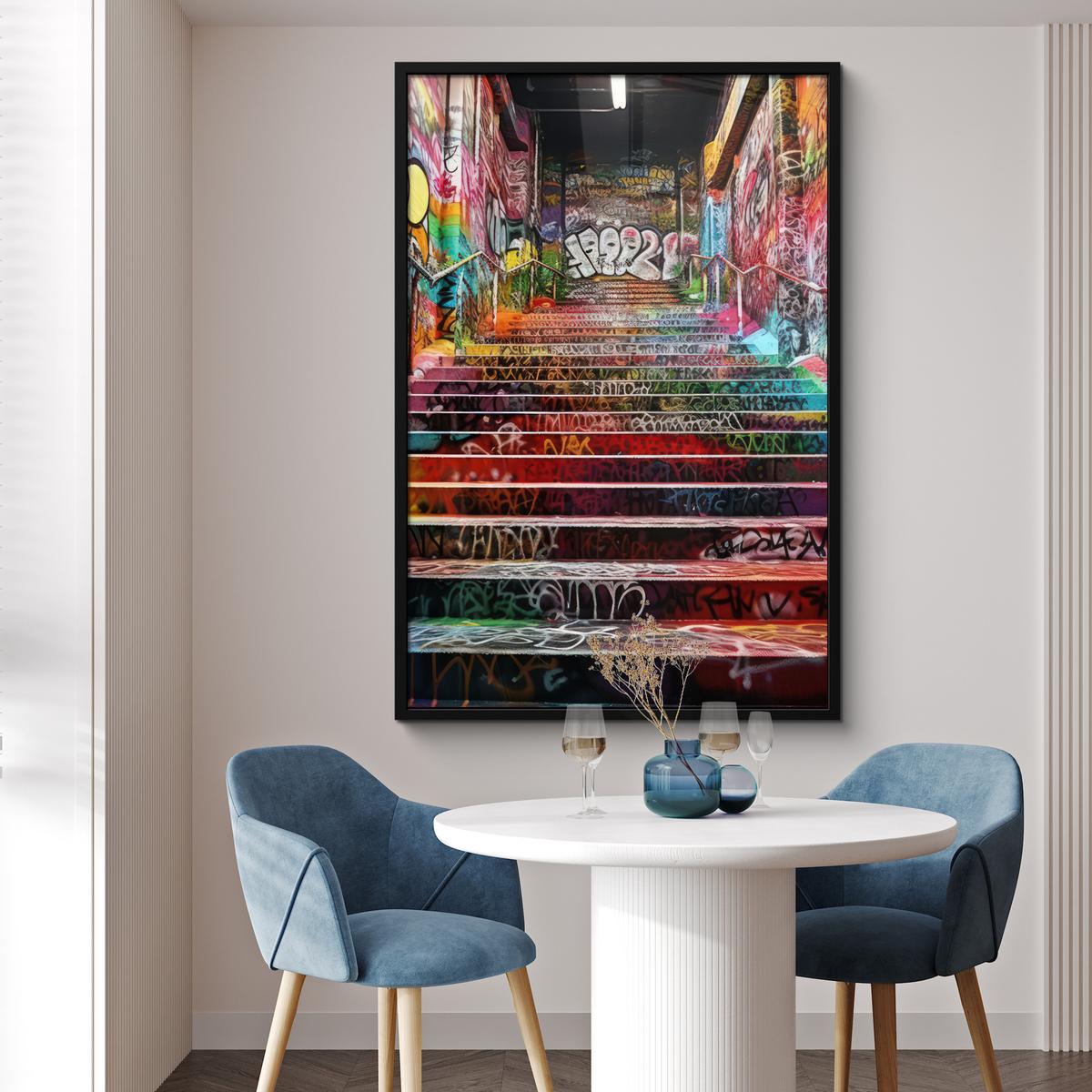 POSTER MIT RAHMEN Treppe - Graffiti - Farben - Kunst Bilderleiste 80x120 cm - Multicolor, Papier (80/120cm) - MuchoWow
