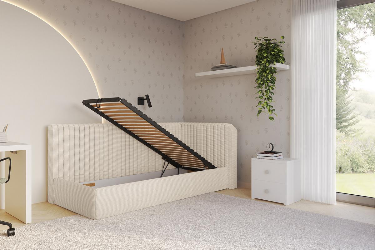 EINZELLBETT Jugendbett mit Bettkasten und Matratze H3/H4, Links - AURY 90x200 Beige - Creme, Holzwerkstoff/Textil (90/200cm) - ALTDECOR