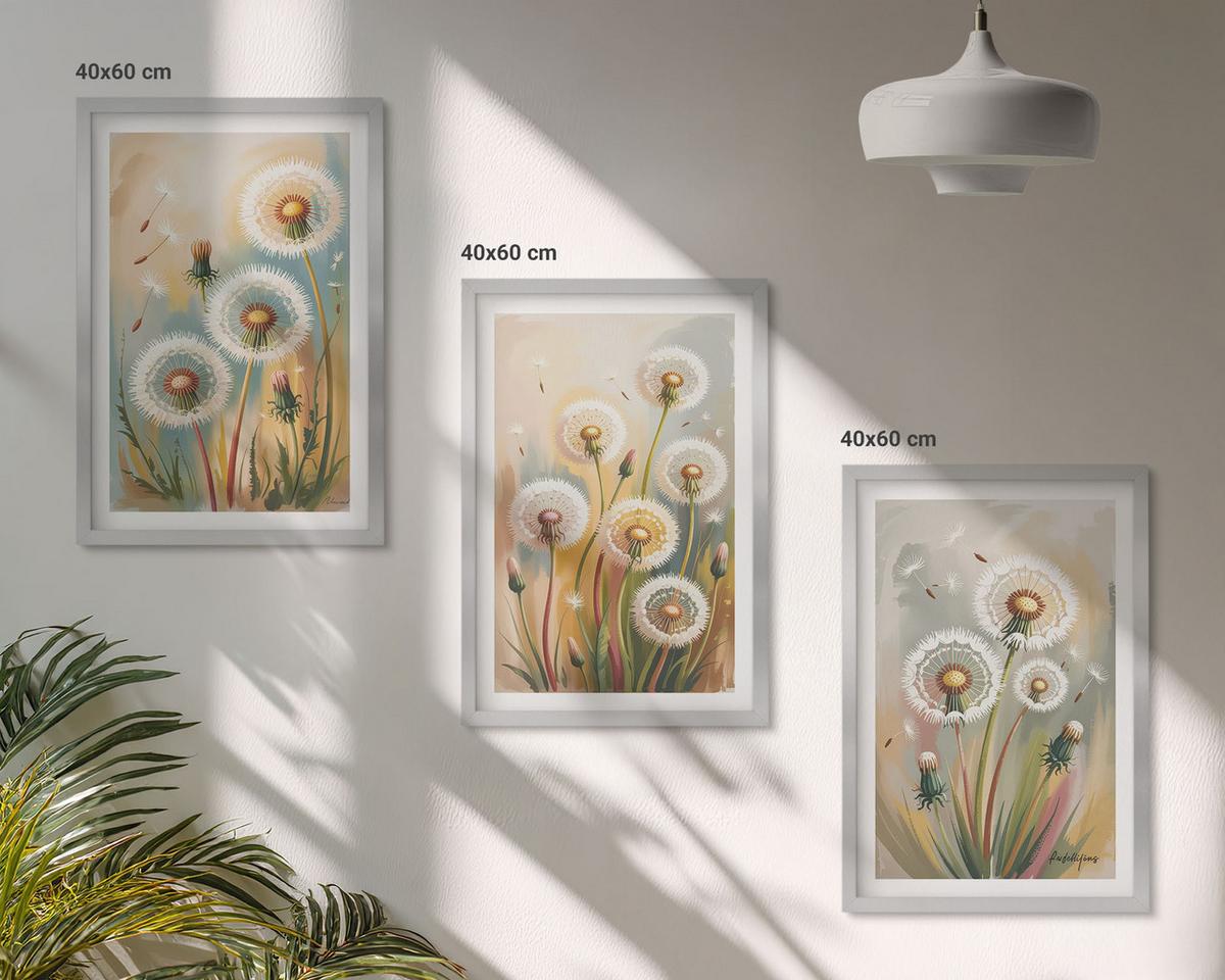 BILDER SET 3er Set - 40x60 cm Silberner Rahmen - Löwenzahnblüten, pastellfarbene Gräser - Silberfarben, Kunststoff (40/60cm) - TULUP