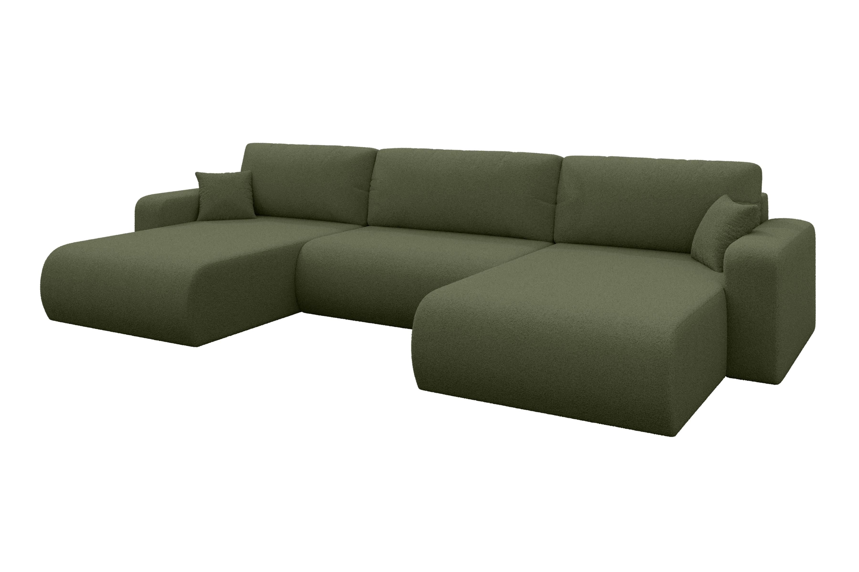 WOHNLANDSCHAFT mit Schlaffunktion und Bettkasten BERY-U 377x193x88 Grün Bouclé - Schwarz/Olivgrün, Holzwerkstoff/Kunststoff (377/88/193cm) - ALTDECOR