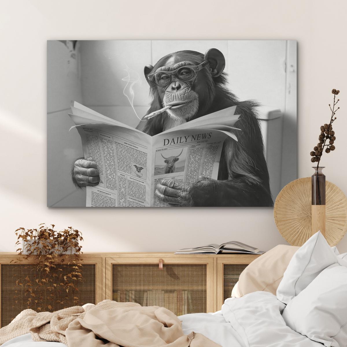 AKUSTIKBILD Affe - WC - Zeitung - Schwarz-Weiß - Humor Wandbild Wohnzimmer 100x70 cm - Hellgrau, Kunststoff (100/70/0.9cm) - MuchoWow