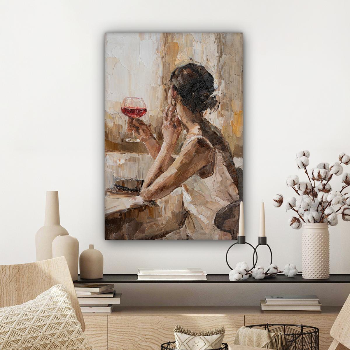 LEINWANDBILD Ölgemälde - Frau - Wein Wanddeko 40x60 cm - Hellbraun, Textil (40/60cm) - MuchoWow
