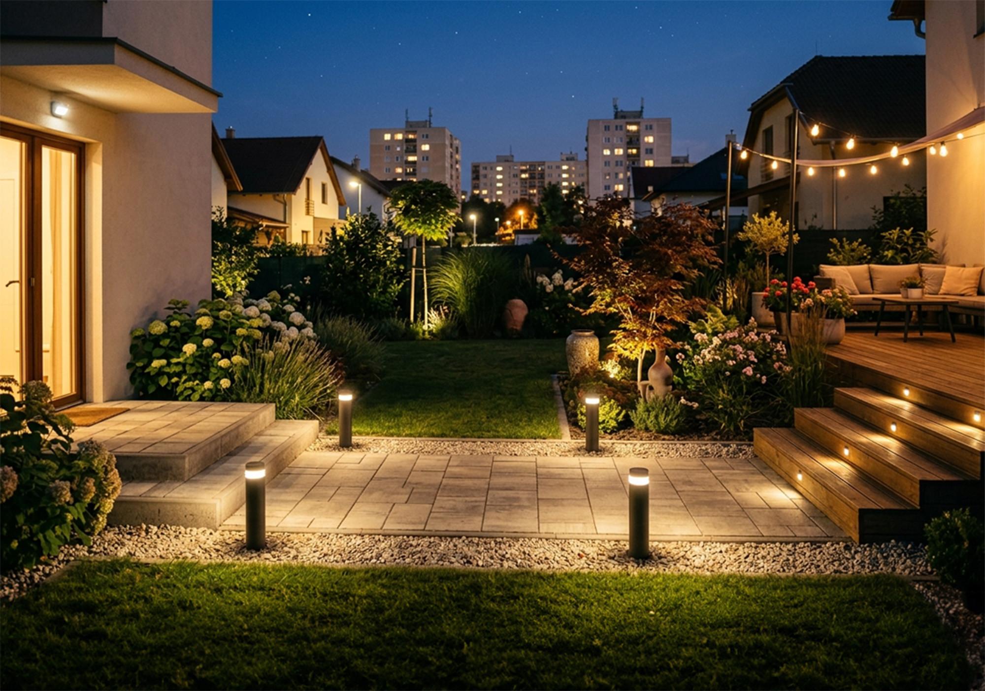 Egy hangulatosan kivilágított, kertvárosi hátsó kert estefelé, ahol az útvonalat modern oszloplámpák jelzik, a teraszt füzérfények és lépcsővilágítás teszi otthonossá, a háttérben pedig panelépületek látszanak.