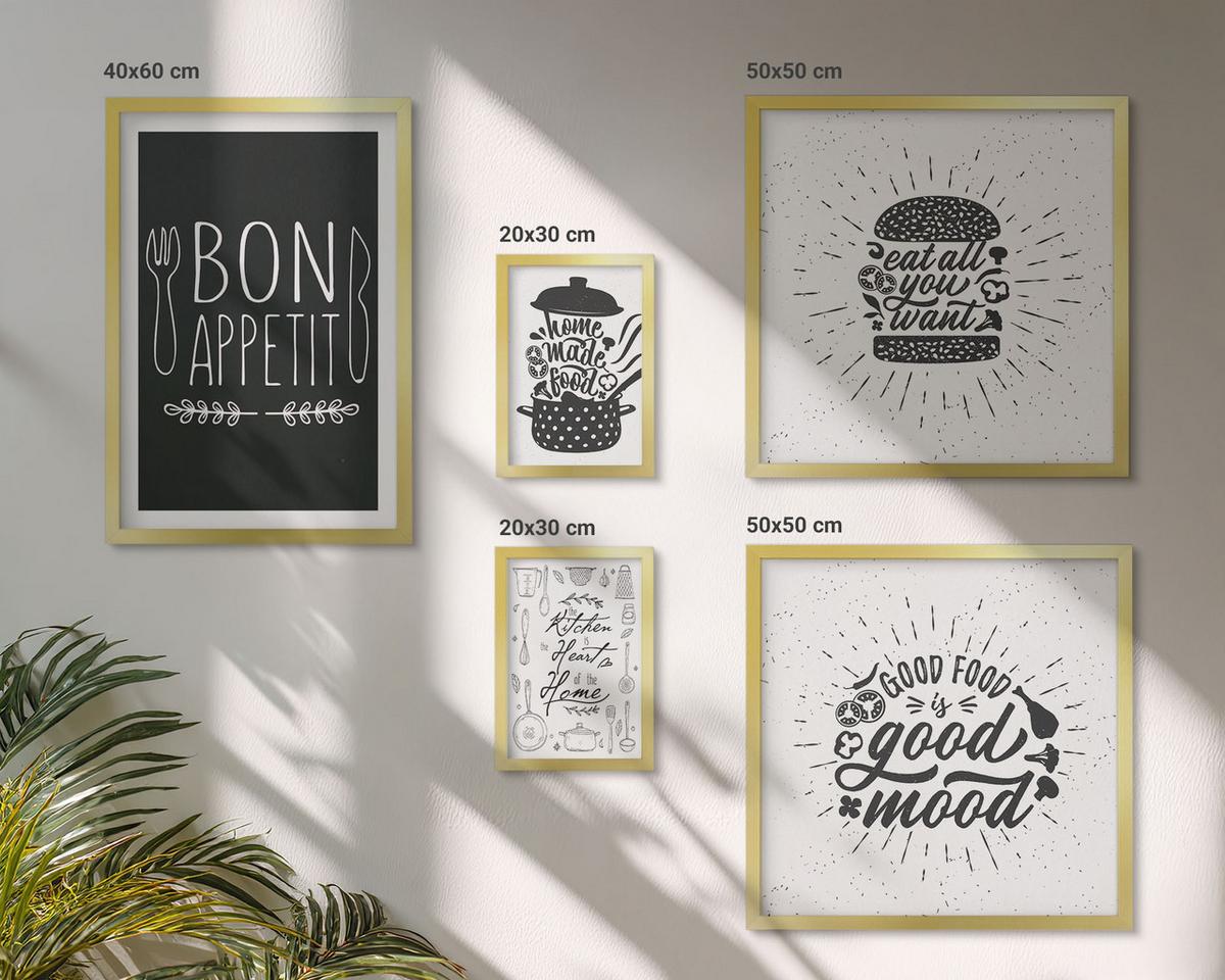BILDER SET 5er Set - 50x50 cm & 20x30 cm & 40x60 cm Goldrahmen - Grafiken, Lebensmittel, kulinarische Slogans - Goldfarben, Kunststoff (40/60cm) - TULUP