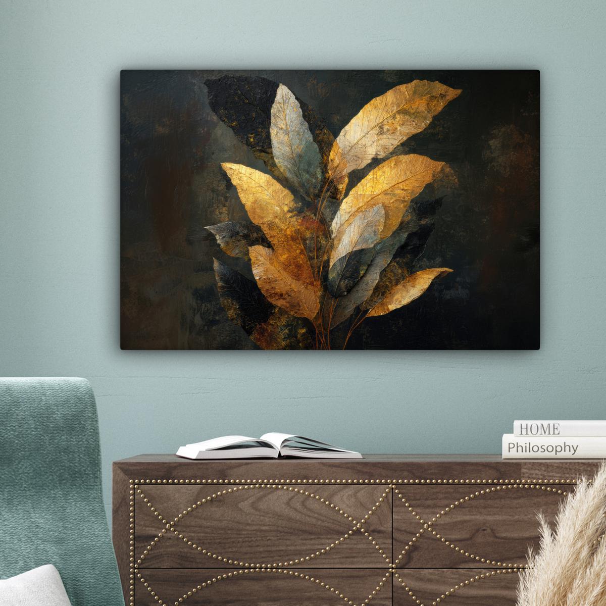 LEINWANDBILD Golden Leaf Komposition - Botanical Luxury Gemälde 60x40 cm - Goldfarben/Schwarz, Textil (60/40cm) - MuchoWow