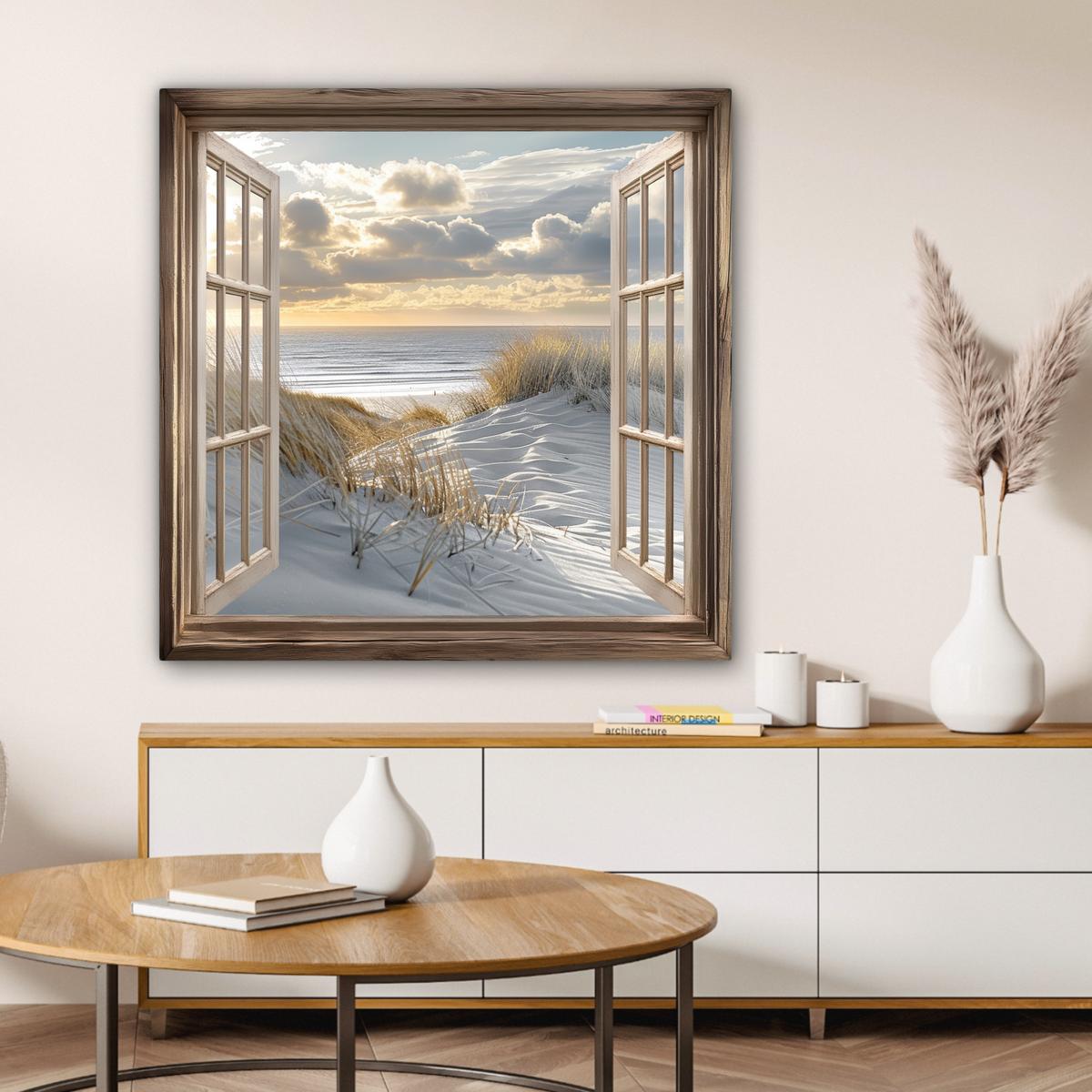 LEINWANDBILD Ausblick - Strand - Dünen - Meer - Natur Deko Groß 90x90 cm - Sandfarben, Textil (90/90cm) - MuchoWow
