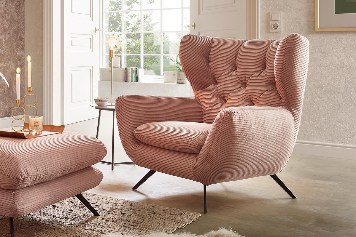 SESSEL CHARME Rosé Cord - Schwarz/Rosa, Textil/Metall (100/106/95cm) - KAWOLA