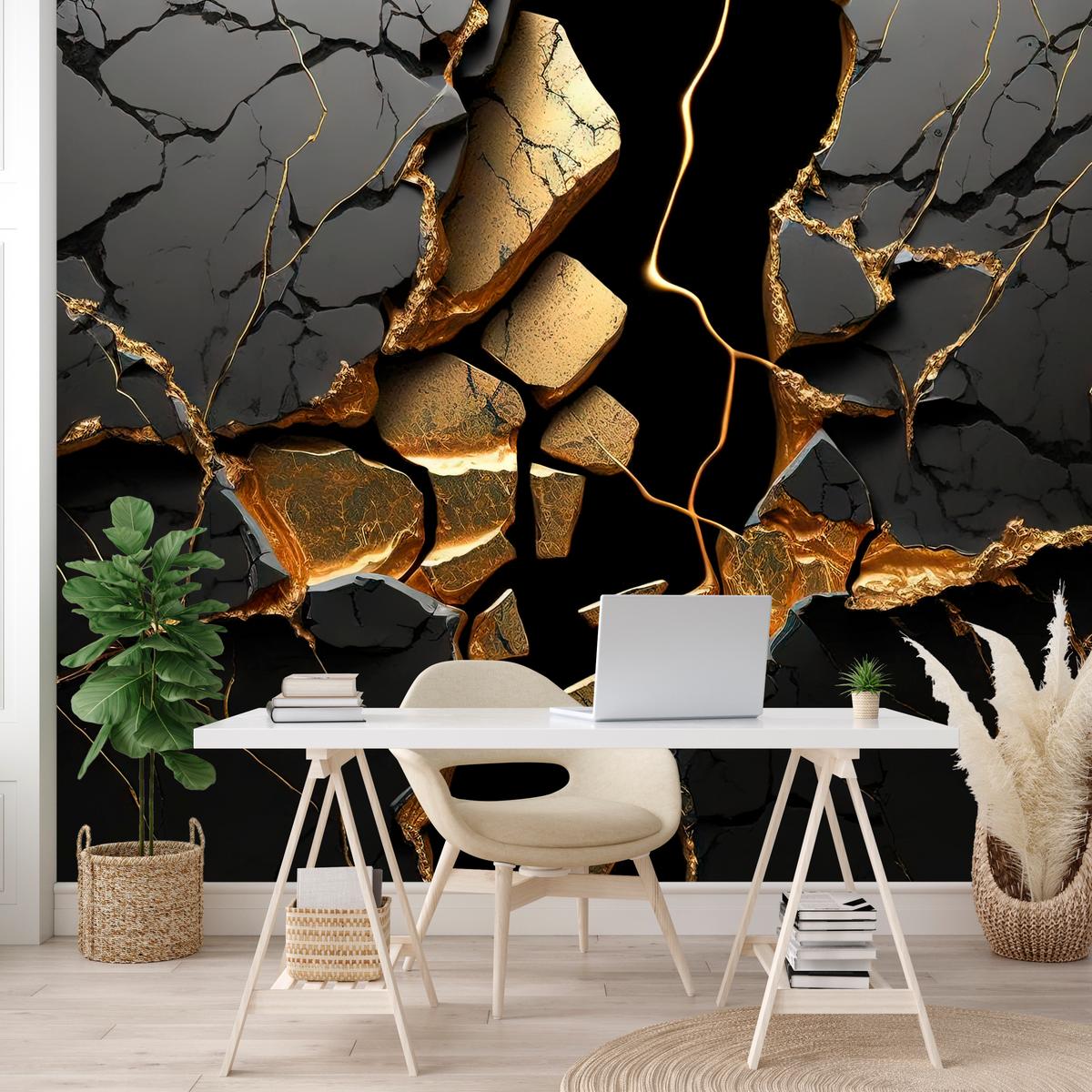 FOTOTAPETE für Wohnzimmer Schwarzer Abstrakter Marmor Gold Risse Wand 300x210 - Schwarz, Papier (300/210cm) - Muralo