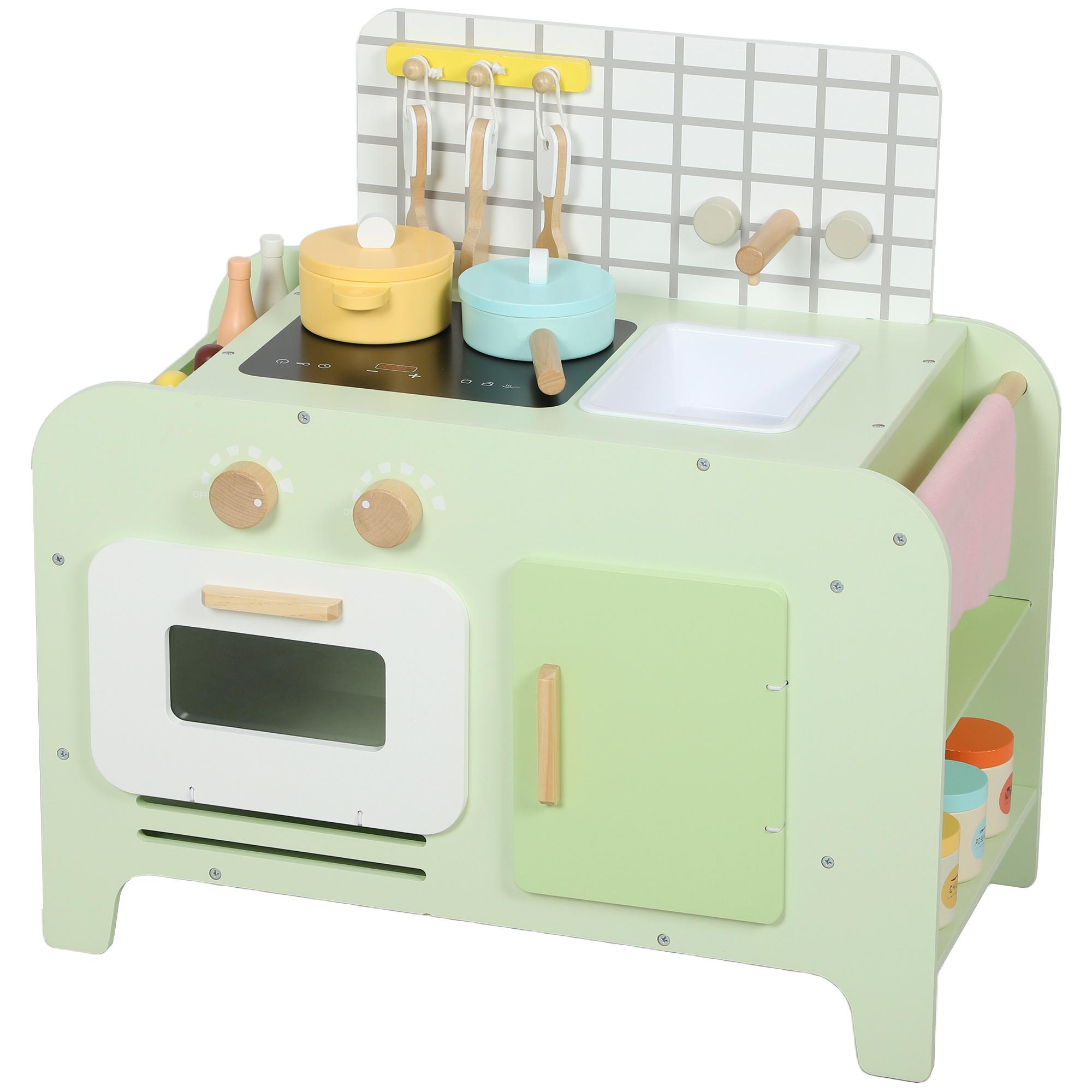 KINDER-SPIELKÜCHE mit Mikrowelle Spüle und Zubehör Grün - Grün, Holzwerkstoff (60/31.6/58cm) - AIYAPLAY