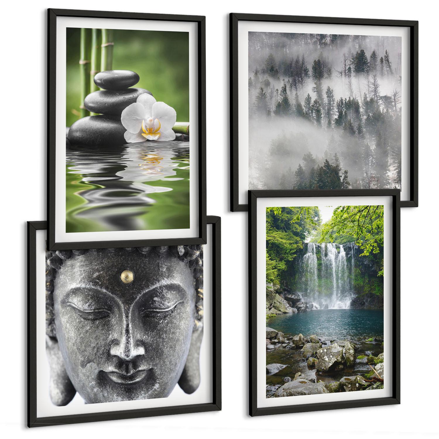BILDER SET 4er Set - 50x50 cm & 40x60 cm Schwarzer Rahmen - Harmonie der Natur, Steine, Wasser, Buddha - Schwarz, Kunststoff (50/50cm) - TULUP
