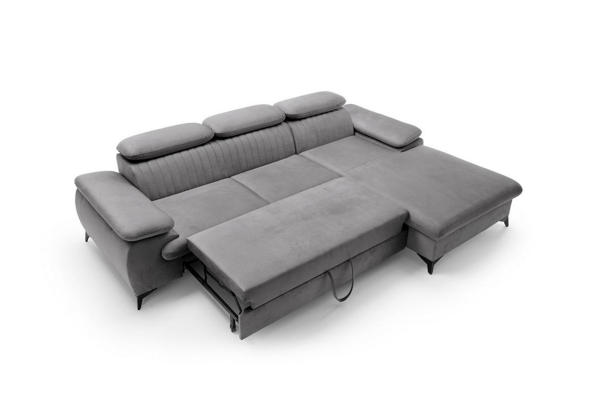ECKSOFA FIORE Grau Velours-Stoff mit Schlaffunktion - Grau, Holz (280/193cm) - MASSENO