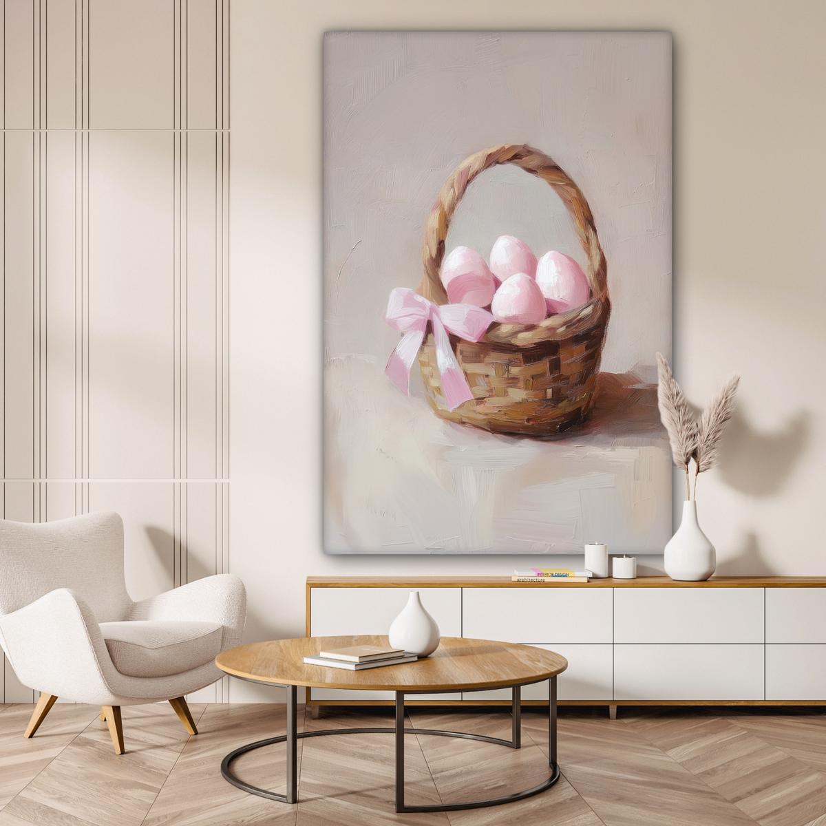 LEINWANDBILD Korb - Eier - Rosa Deko Groß 90x140 cm - Beige, Textil (90/140cm) - MuchoWow