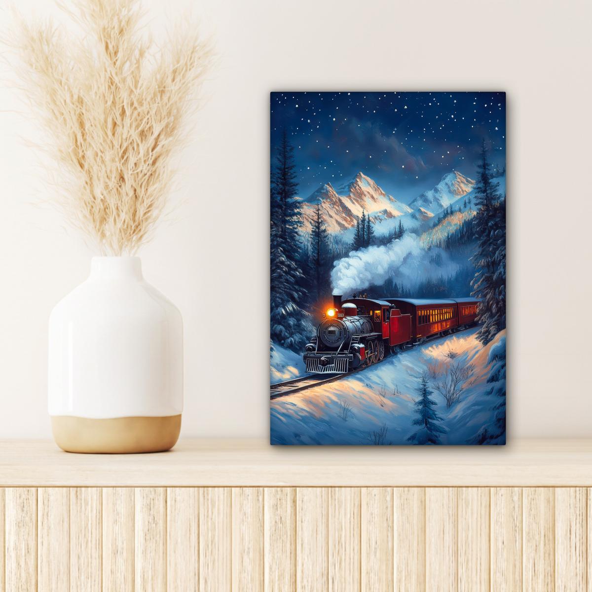LEINWANDBILD Zug - Weihnachten - Schnee - Weihnachtszug Deko Wohnzimmer 20x30 cm - Anthrazit, Textil (20/30cm) - MuchoWow