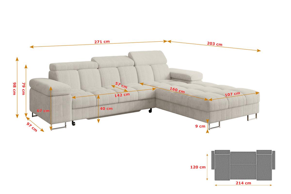 ECKSOFA mit Schlaffunktion Ottomane Rechts COMA L 271x203x79 Creme Cord - Mokka, Holzwerkstoff/Textil (203/271cm) - ALTDECOR
