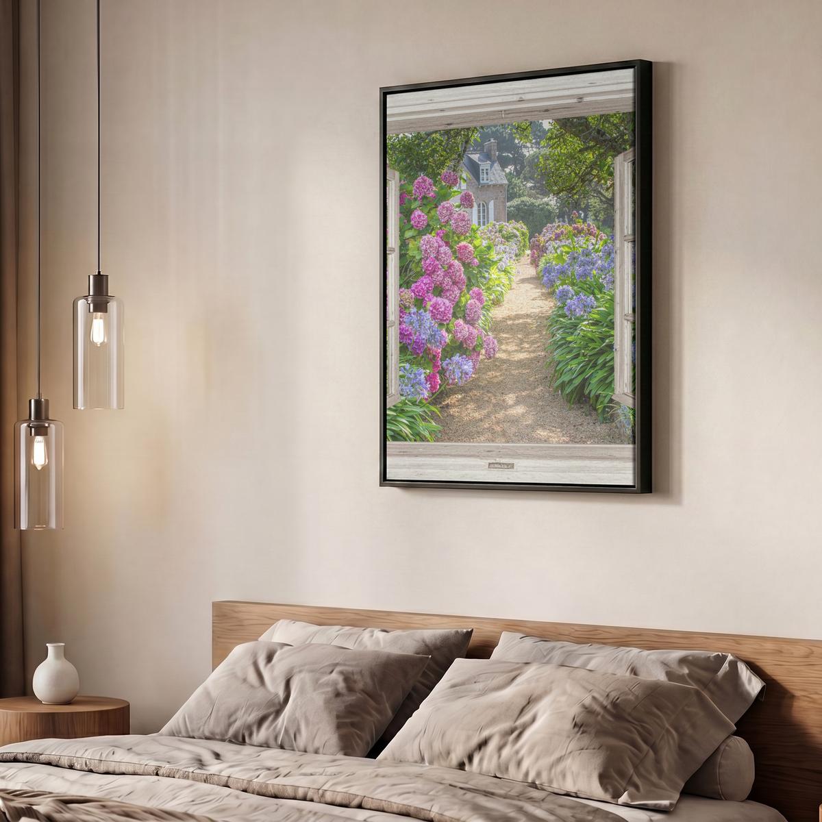 LEINWAND Bilder mit Rahmen - Hortensie - Durchsichtig - Blumen - Sommer - Lila - Weg - 50x70 - Lila, Textil (50/70cm) - MuchoWow