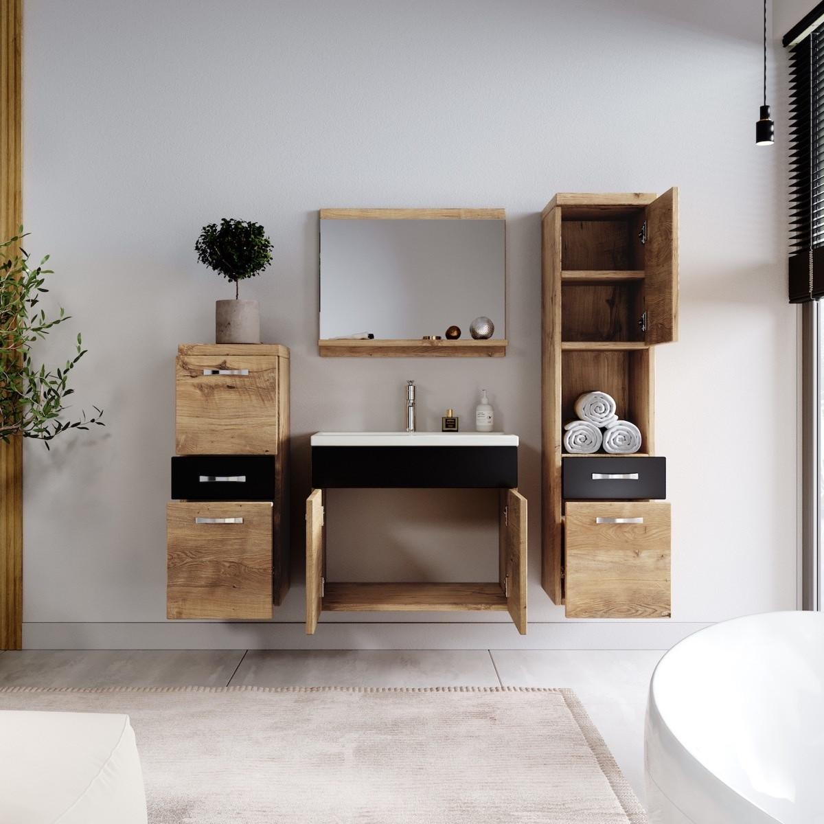 BADMÖBEL-SET Alba 5 Teile Kastanien Eiche mit Schwarz - 60 x 35 x 51 cm - Eichefarben/Schwarz, Holz (60/51/35cm) - Badplaats