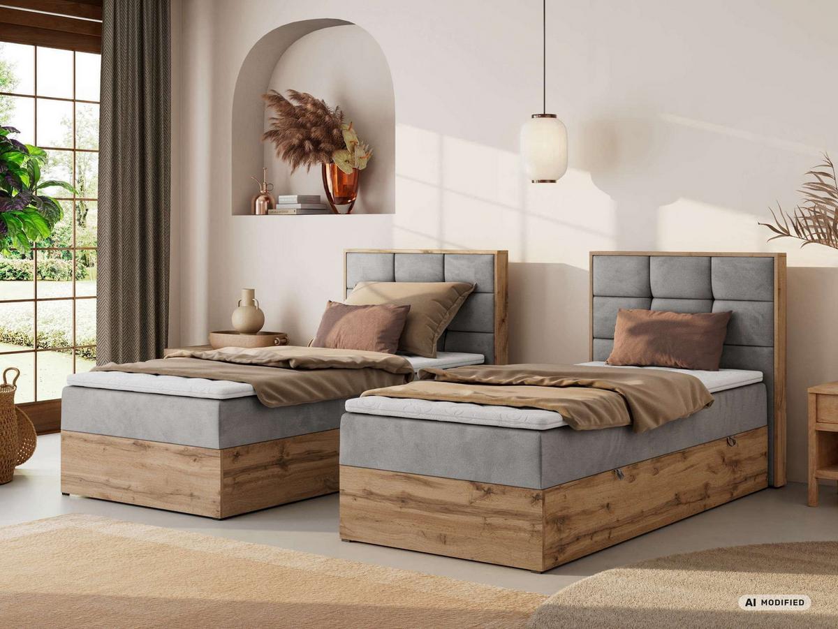 BOXBETT ALBERO 1 90/200 - Hellgrau Velvet - Topper Visco - H3 - Rechts - Hellgrau/Schwarz, Kunststoff/Textil (90/200cm) - MKS
