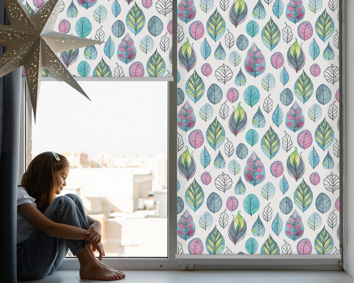 INNENROLLO - Fensterrollo - Rollo - 110x140 cm - Bunte Blätter - Blau, Kunststoff (110/140/0.5cm) - TULUP