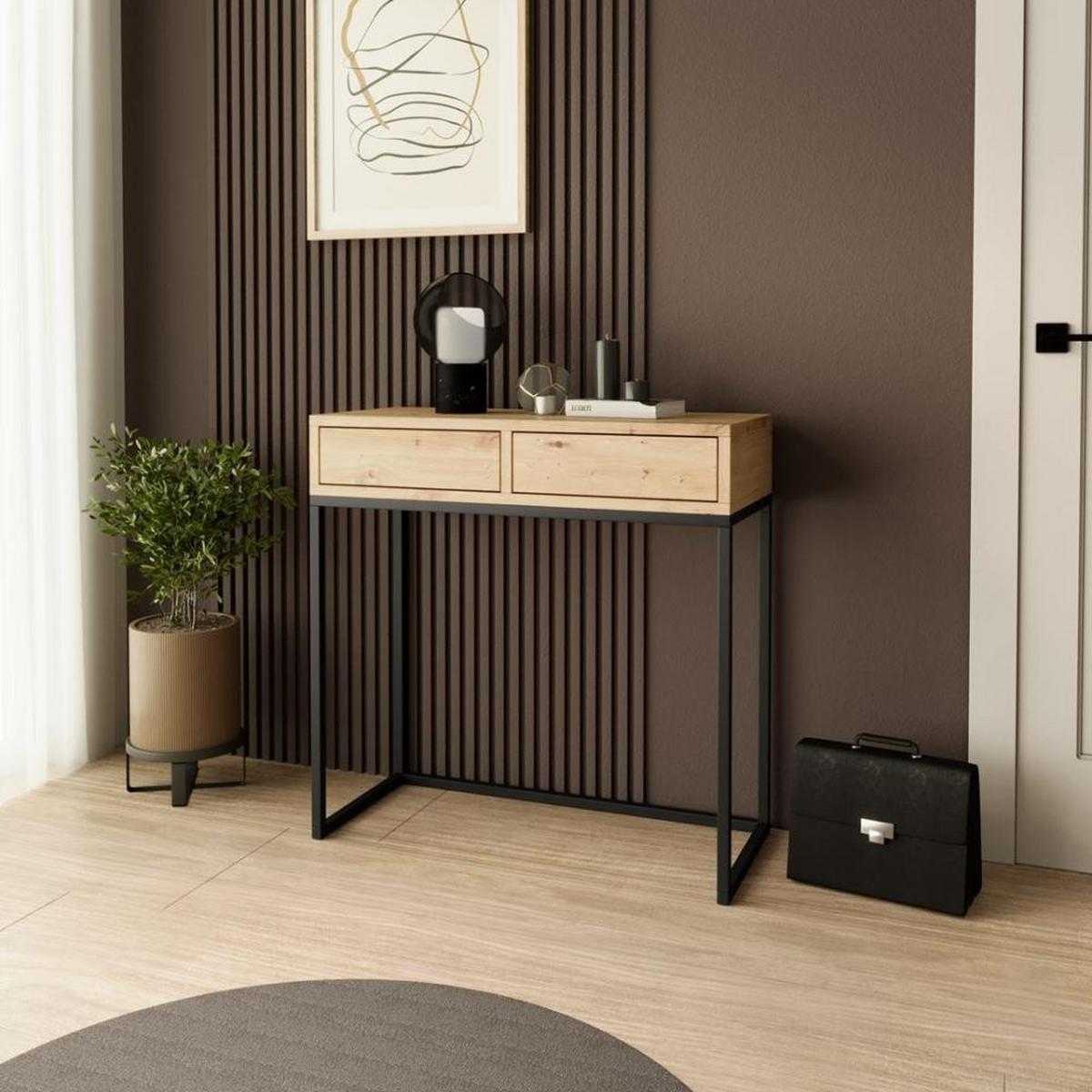 KONSOLENTISCH Lango 80/85/35 eiche Artisan mit schwarzen Matellbeinen - Schwarz/Eiche Artisan, Holzwerkstoff/Metall (35/80/85cm) - Beautysofa