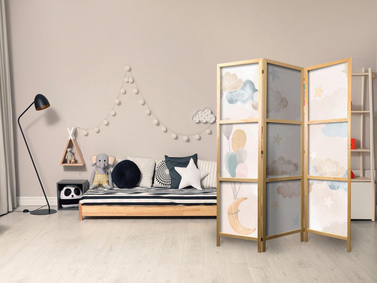 PARAVENT Japanischer 3-tlg 135x172 cm bunte Wolken und Sterne - Multicolor, Holz/Textil (135/172/3cm) - Muralo