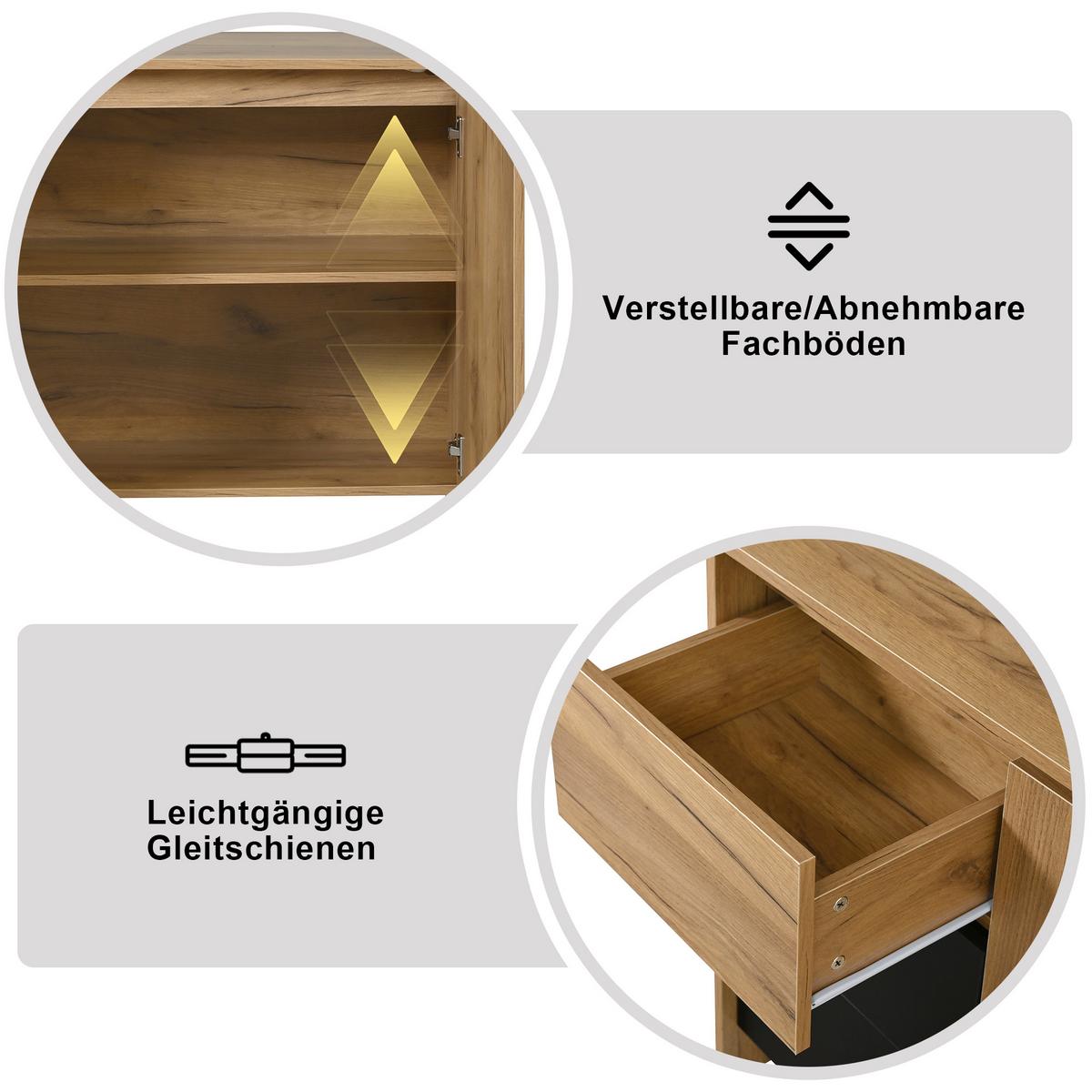 SIDEBOARD holzoptik & schwarz mit 3 schubladen, 2 türen & led-beleuchtung - Naturfarben, Holzwerkstoff (120/76/40cm) - Urban Meuble