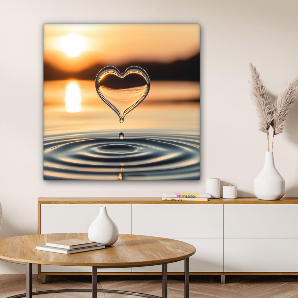 LEINWANDBILD Herz - Wasser - Sonnenuntergang - Natur - Zen Deko Groß 90x90 cm - Bernsteinfarben, Textil (90/90cm) - MuchoWow