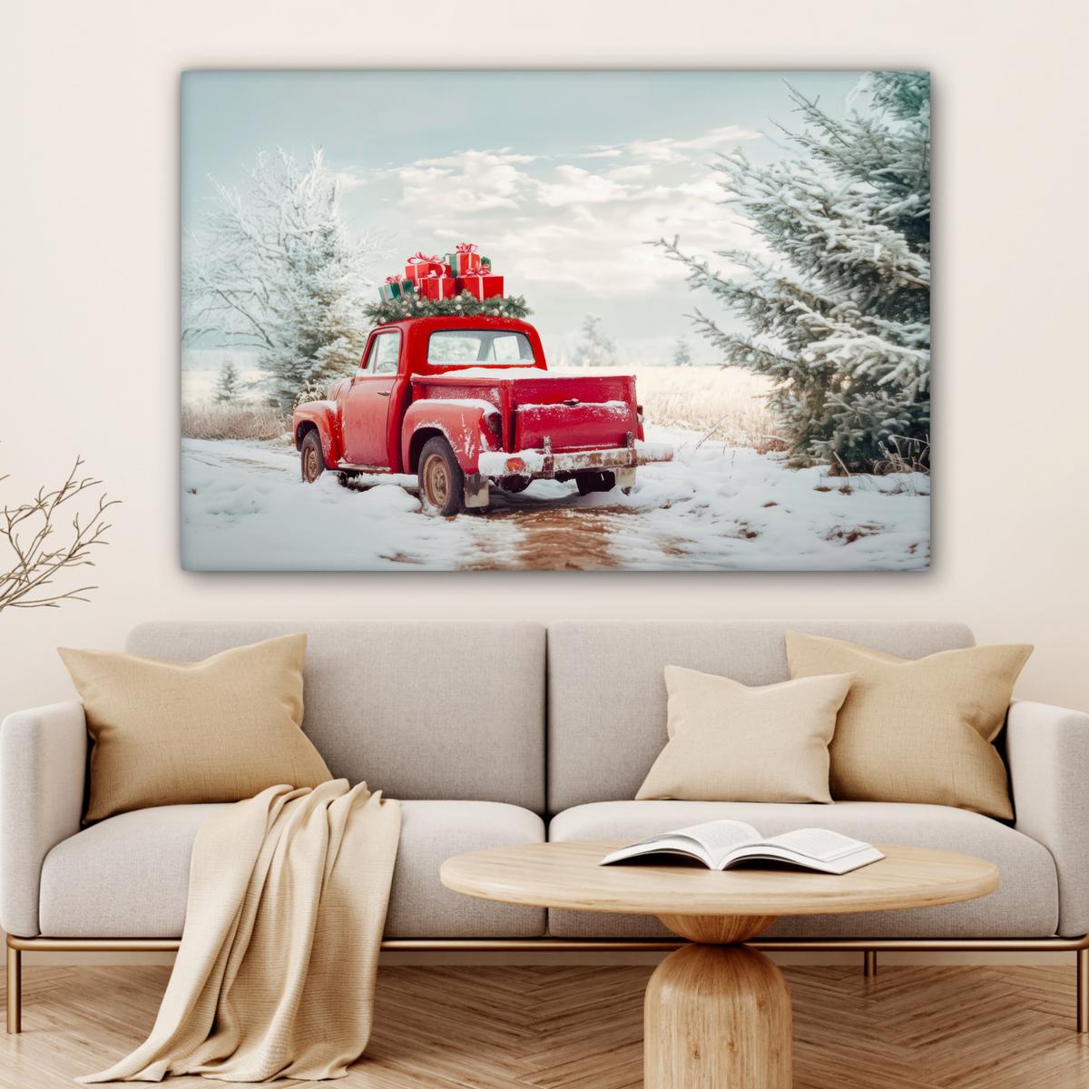 LEINWANDBILD Auto - Rot - Geschenke - Winter - Schnee - Weihnachten Groß 140x90 cm - Rot, Textil (140/90cm) - MuchoWow