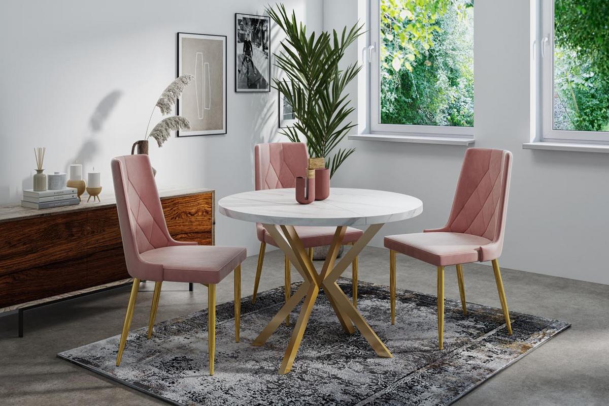 ESSTISCH Flora runder ausziehbarer, Marmor Weiß 100-180/100/76 cm - Ecru/Goldfarben, Holzwerkstoff/Metall (100/180/76cm) - WFL GROUP