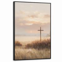 LEINWAND Bilder mit Rahmen - Gras - Morgennebel - Kreuz - Christentum - 80x120 - Beige, Textil (80/120cm) - MuchoWow