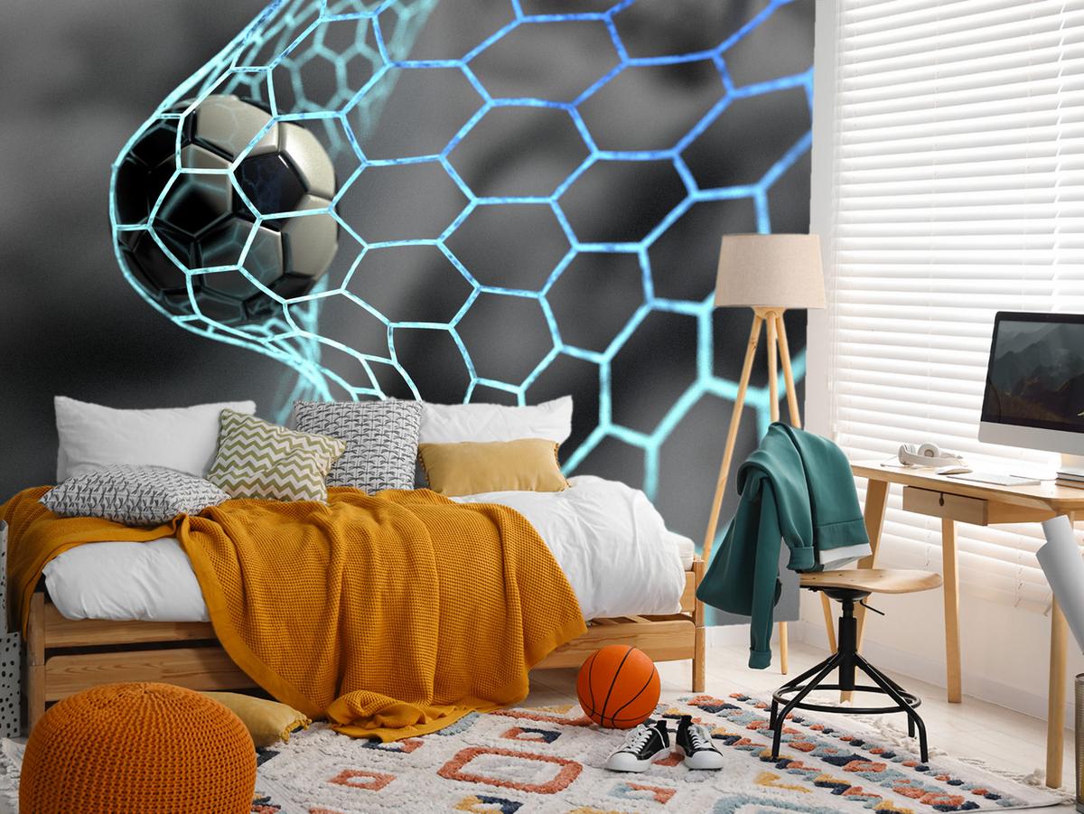 FOTOTAPETE für Jugendzimmer Fußball im Tor Ziel Sport Ball 300x210 - Schwarz/Weiß, Papier (300/210cm) - Muralo
