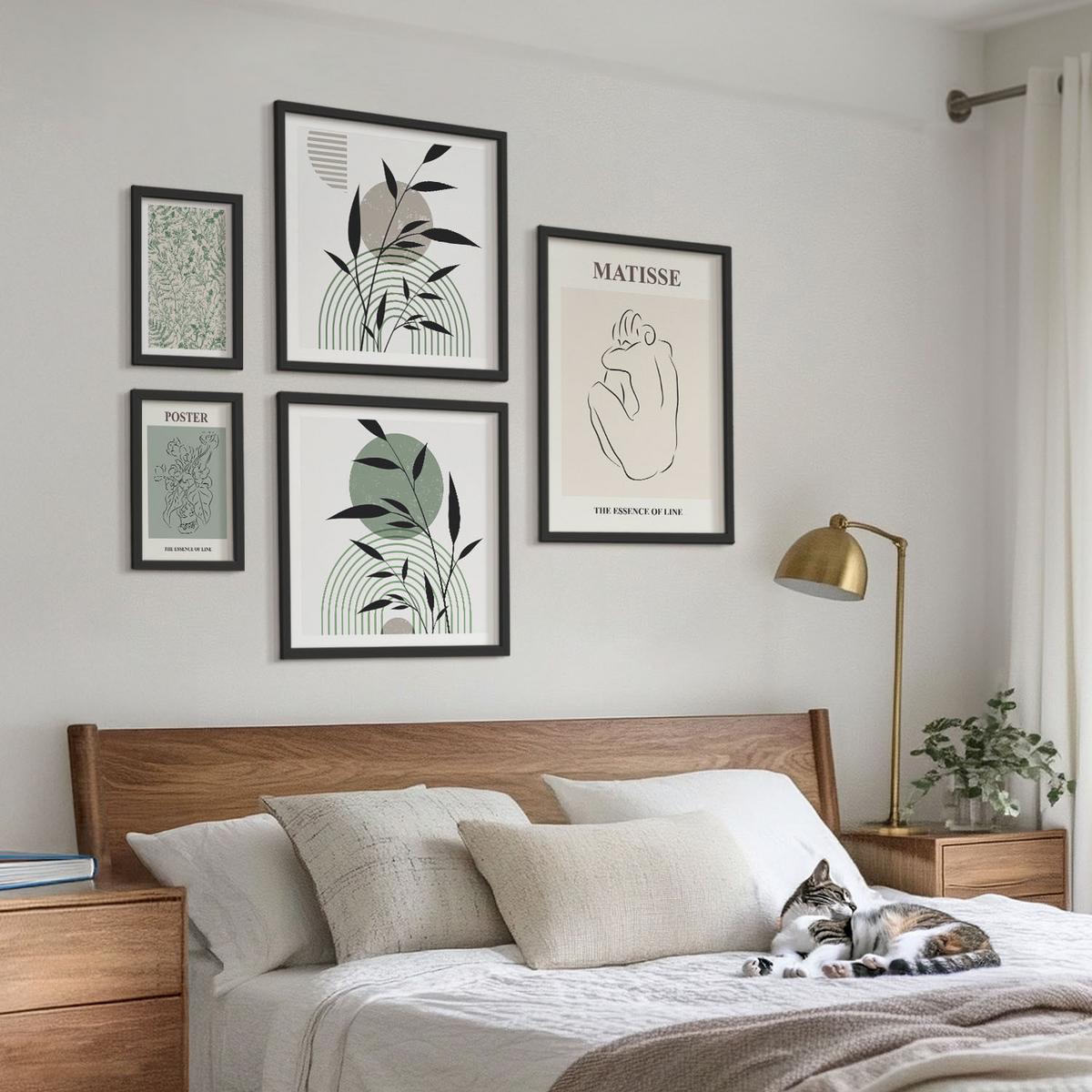 BILDER SET 5er Set - 50x50 cm & 20x30 cm & 40x60 cm Schwarzer Rahmen - Linien, Pflanzenmuster, Minimalismus - Schwarz, Kunststoff (40/60cm) - TULUP