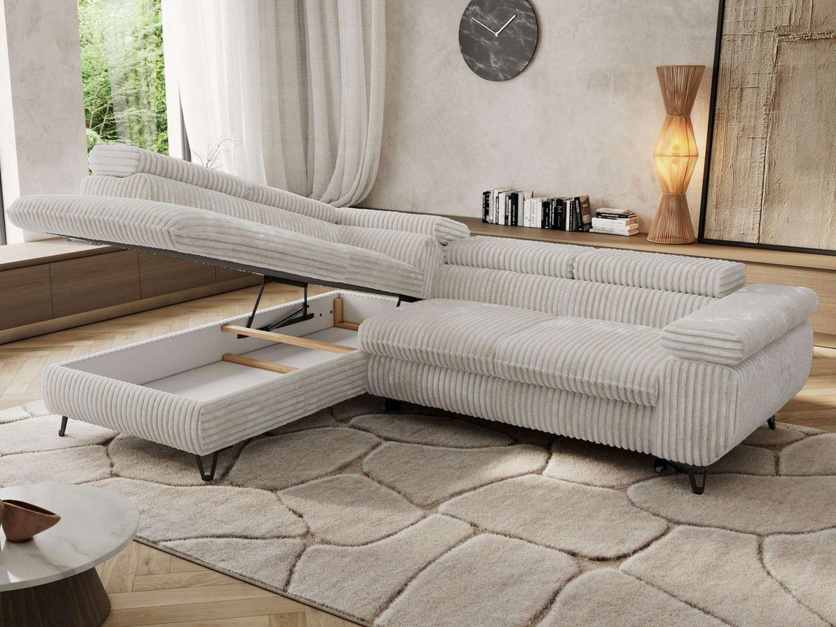 ECKSOFA PABLO L Beige Cord - Links Seite mit Visco Topper - Beige/Schwarz, Textil/Metall (208/273cm) - MKS