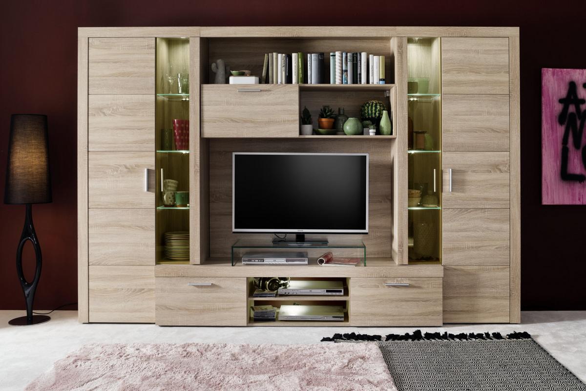 WOHNWAND Sonoma Eiche hell 291 cm, Schrankwand inklusive Beleuchtung - Eichefarben/Silberfarben, Glas/Holzwerkstoff (291/197/41cm) - Top.Furn