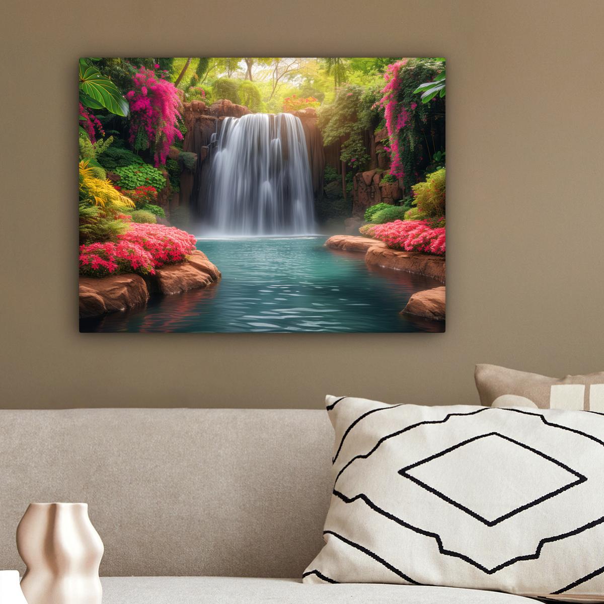 LEINWANDBILD Wasserfall - Natur - Pflanzen - Dschungel - Wasser Wandbild 40x30 cm - Grün, Textil (40/30cm) - MuchoWow