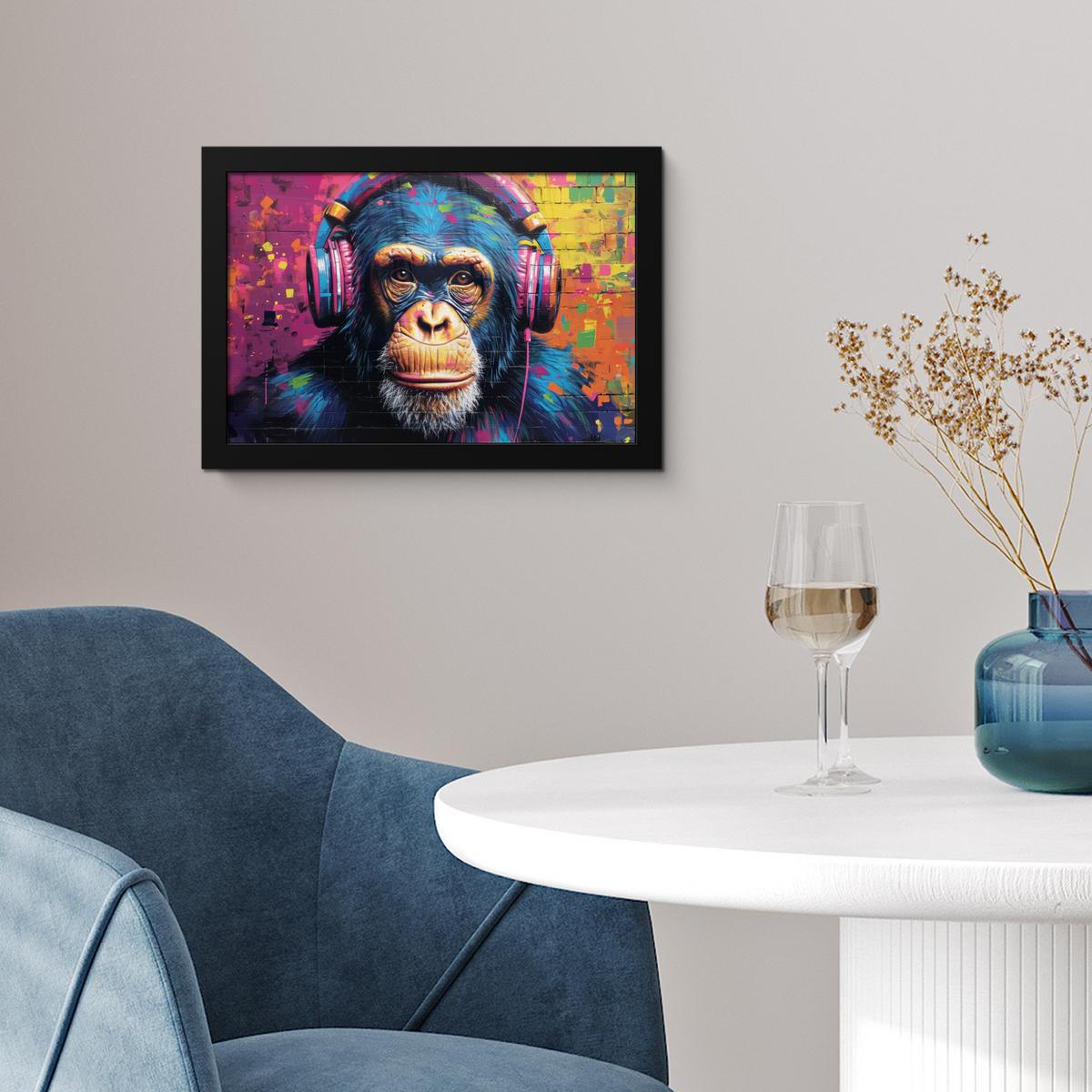 POSTER MIT RAHMENGERAHMTES BILD Graffiti - Schimpanse - Straßenkunst - Kopfhörer - Affe 30x20 cm - Blau, Papier (30/20cm) - MuchoWow